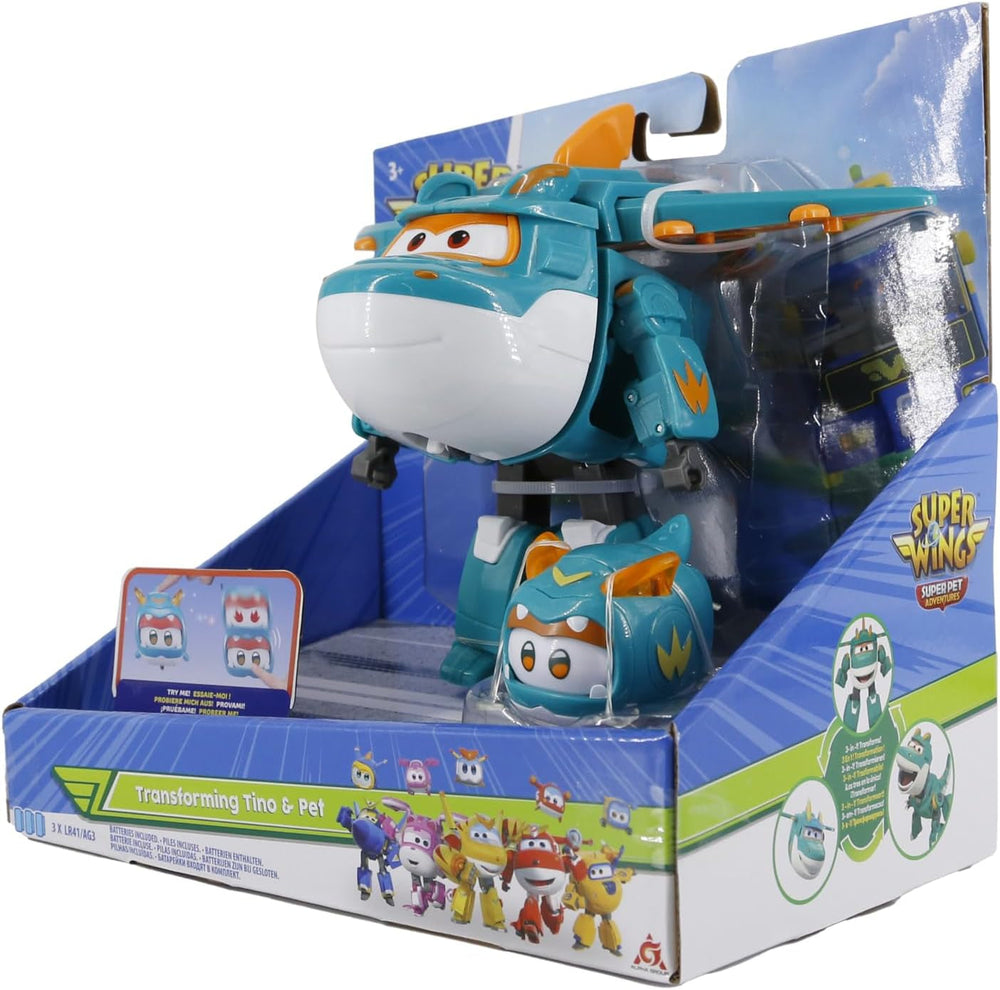 Super Wings EU770447 – Transforming Tino & Pet, verwandelnde Spielzeugfigur ca. 14,5 cm und Haustier mit einer Höhe von ca. 14,5 cm. 4,3 cm, für Kinder ab 3 Jahren. Actionfiguren Naty Shop