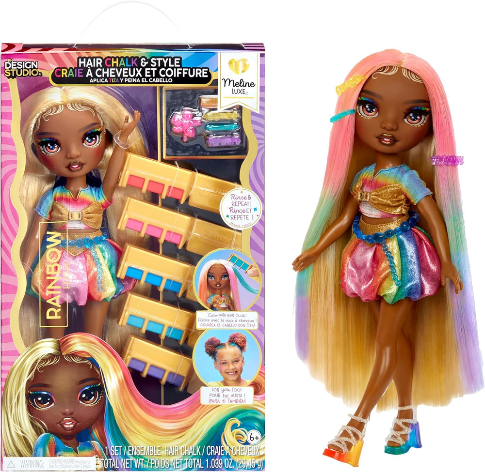 Păpușă Rainbow High Hair Chalk & Styling - Meline - Păpușă de 28 cm în culori curcubeu și auriu, cretă de păr lavabilă, colorare, coafare, joacă, clătire și repetiție, pentru copii cu vârsta cuprinsă între 4 și 12 ani