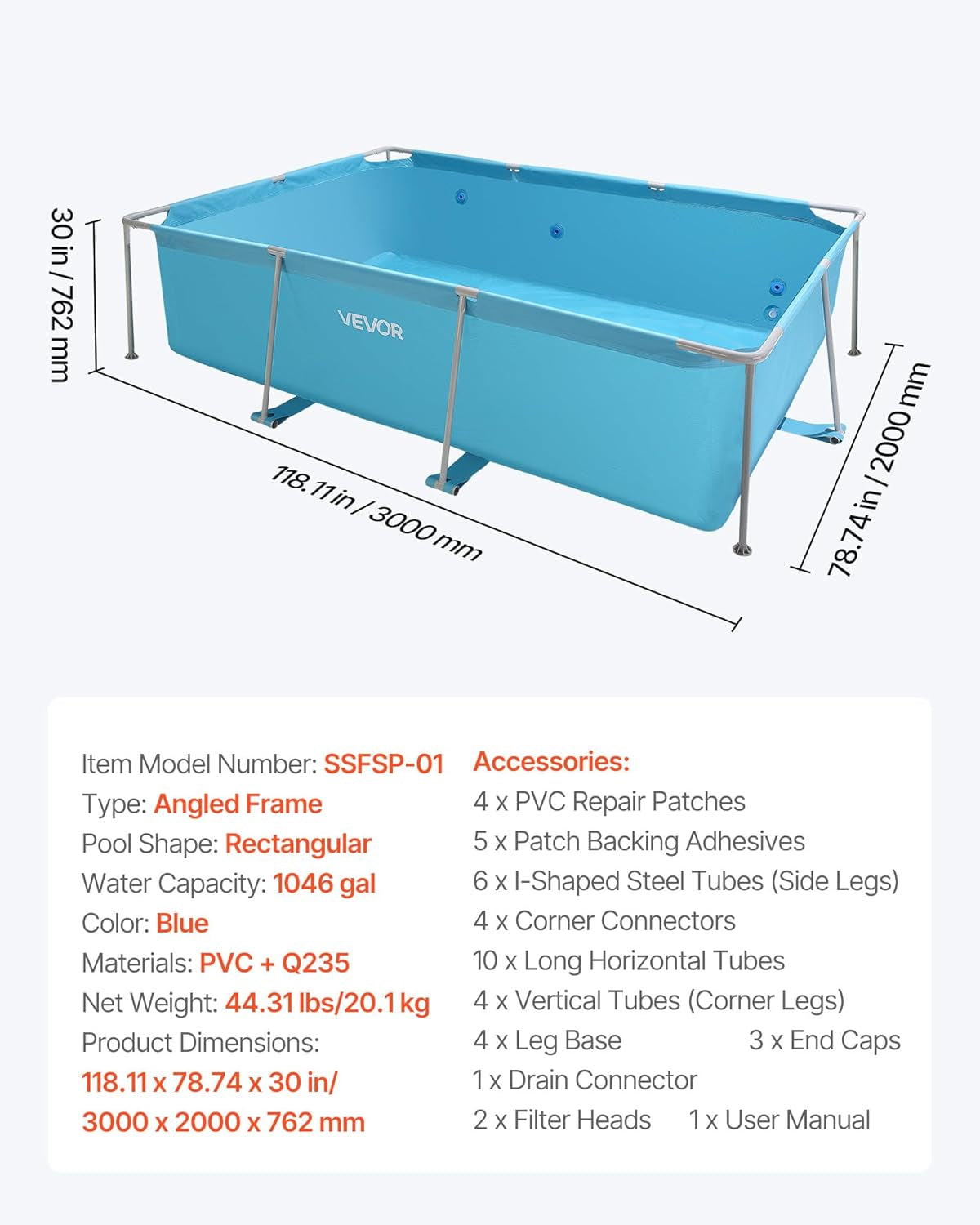 VEVOR Rahmenpool, oberirdischer Pool, 3000 x 2000 x 762 mm, Stahlrahmenpool, rechteckiger Stahlrahmenpool, Gartenrahmenpool, 3960 l Wasserkapazität, Gartenpool für 4–5 Personen, Blau