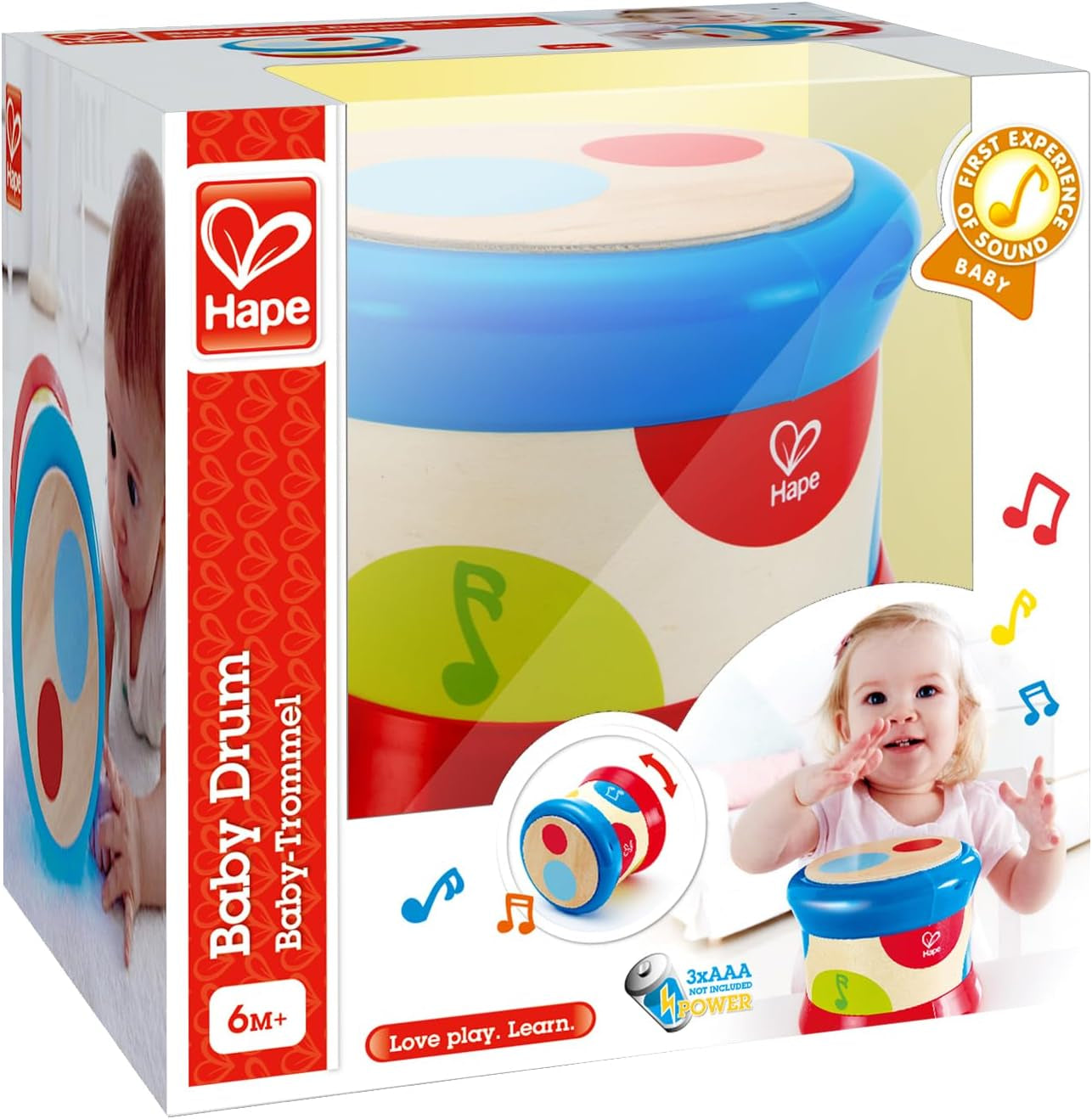 Hape Baby Drum | Jucărie muzicală rulantă pentru ca cei mici să învețe ritmul și diferite sunete, funcționează cu baterii, de la 6 luni Jucarii Bebe Naty Shop