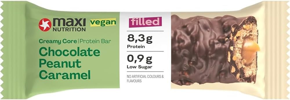 MaxiNutrition Cremiger veganer Proteinriegel mit Schokolade, Erdnüssen und Karamell 12x45g – veganer Proteinriegel, 18% Protein, 8,3g pro Riegel, geringer Zuckergehalt (0,9g), kein zugesetzter Zucker, keine künstlichen Aromen