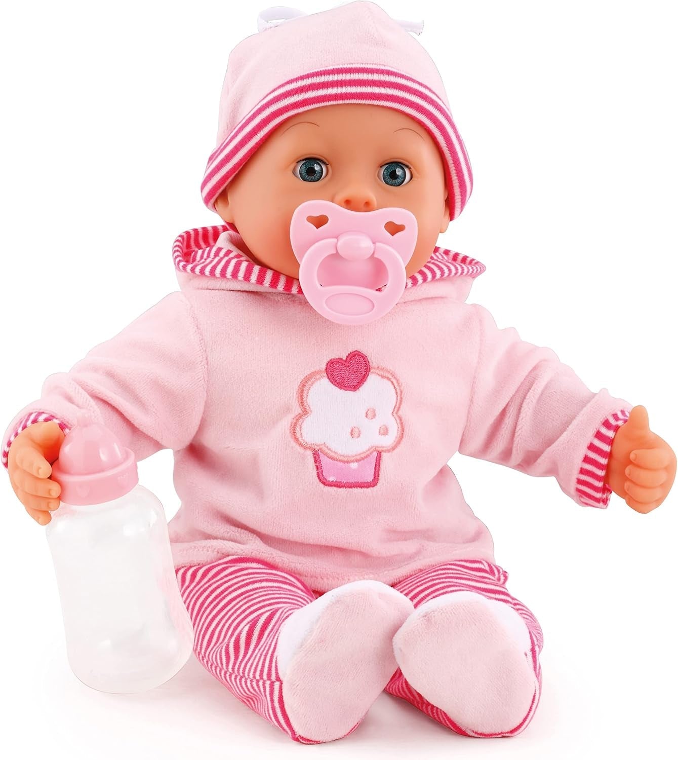 Babypuppe First Words mit Schlafaugen, spricht 24 Babylaute, mit Schnuller und Flasche, 38 cm, Rosa/Streifen