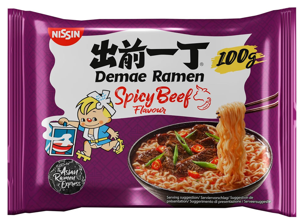 Nissin Demae Ramen – Scharfes Rindfleisch, 10er-Pack Instant-Nudeln nach japanischer Art mit Rindfleischgeschmack und asiatischen Gewürzen, schnell und einfach asiatisches Essen zubereiten (10 x 100 g)