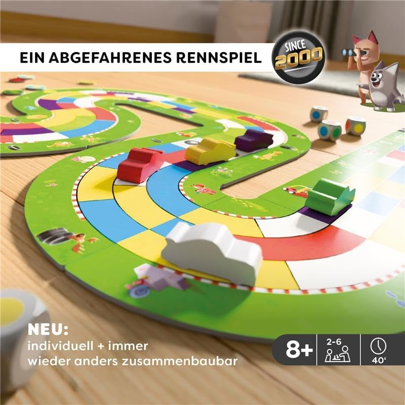 HABA Monza – Schnelles Brettspiel und Autorennspiel für Kinder ab 5 Jahren – mit 6 bunten Holzautos und bunten Würfeln – 2012226001