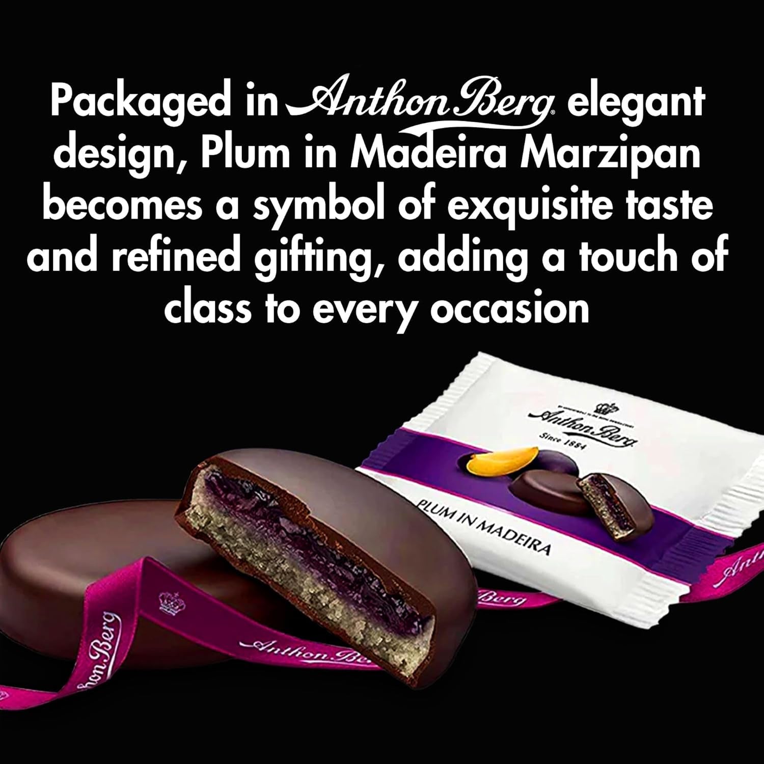 Pflaume auf Madeira – 220g – Marzipanspezialität mit Früchten und Alkohol – 8 dunkle Schokoladenmünzen mit Pflaumengelee und Madeirawein – Geschenkidee