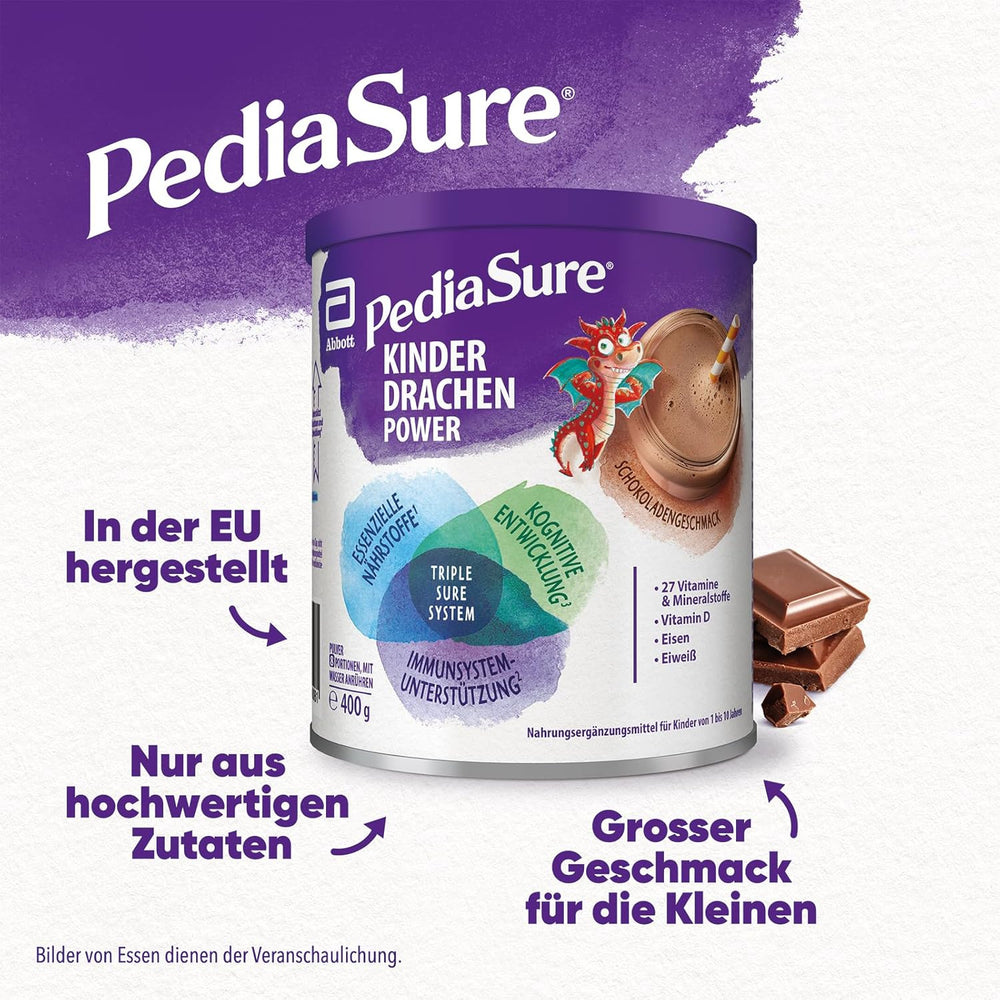 Pediasure Kids Dragon Power Schokolade 400g | Leckerer Shake als Nahrungsergänzung für Kinder ab 1 Jahr | Mit 27 Vitaminen und Mineralstoffen, Protein und Triplesure-Komplex | Die Verpackung kann variieren