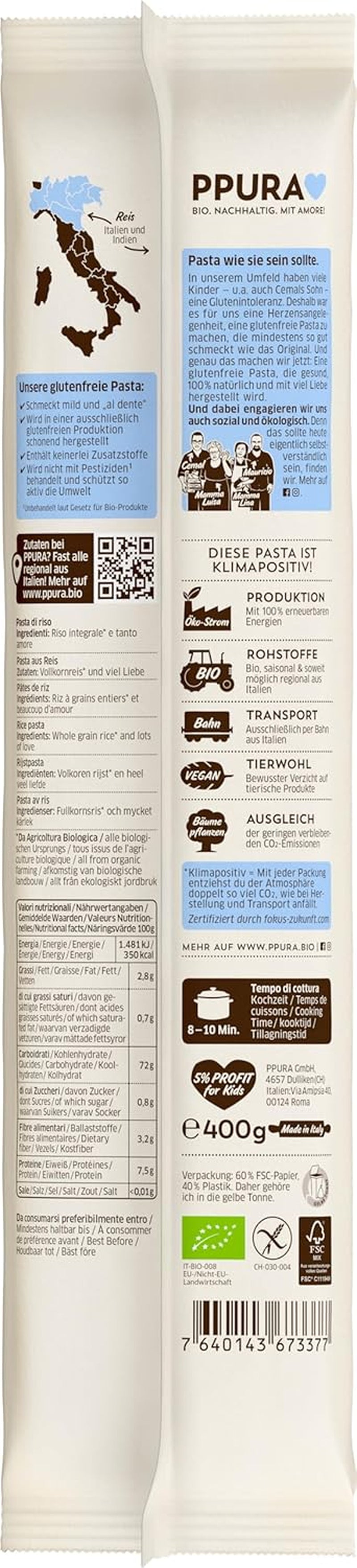 PPURA Spaghetti mit glutenfreiem Bio-Vollreis 400g – Italienische Naturnudeln mit Bio-Vollreis – Glutenfrei, ohne Zucker oder Zusatzstoffe, traditionell zubereitet