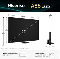 Televizor Hisense 55A85Q 139 cm (55 inch), Smart TV OLED 4K UHD, 120 Hz, HDMI 2.1, Mod Joc Pro, AMD FreeSync Premium, Dolby Vision IQ și Atmos, Bluetooth, Alexa încorporată, Negru, [2025]