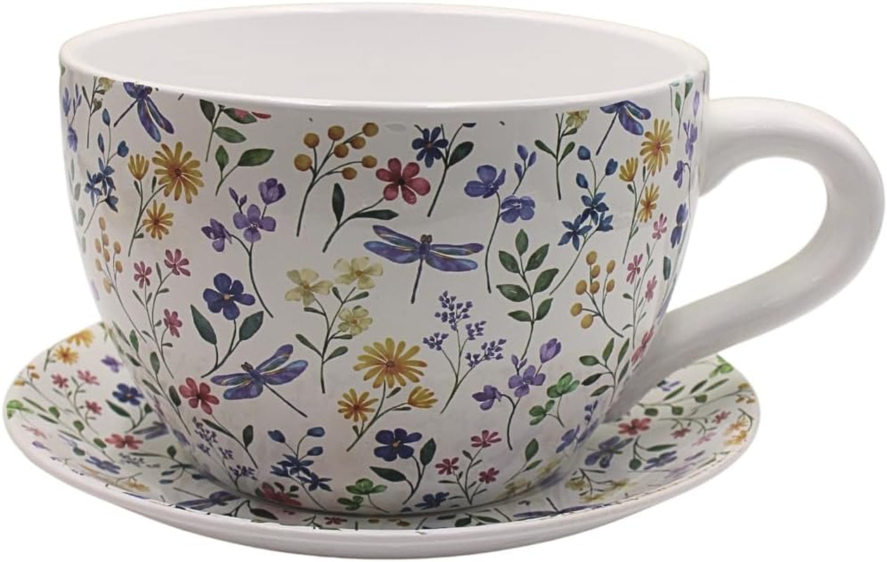 Ghiveci de flori Dekohelden24, jardinieră, ghiveci pentru plante, recipient pentru plante, ghiveci de flori. Ghiveci ceramic în formă de cupă cu mâner, design: lavandă, L/l/Î 25 x 23 x 14 cm.