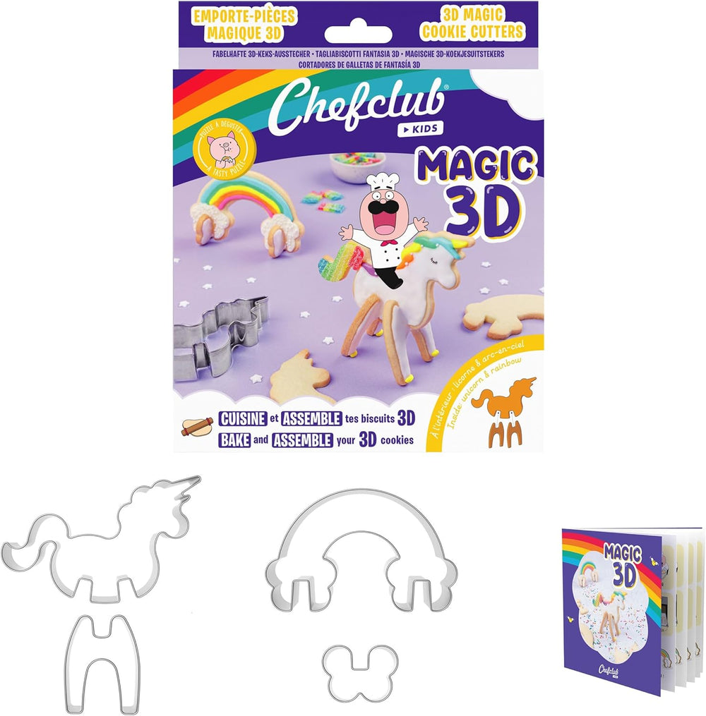 CHEFCLUB, Forme de biscuiți 3D Magice Unicorn și Curcubeu, Forme de biscuiți 3D Interconectate Unicorn și Curcubeu, Distracție de copt pentru copii