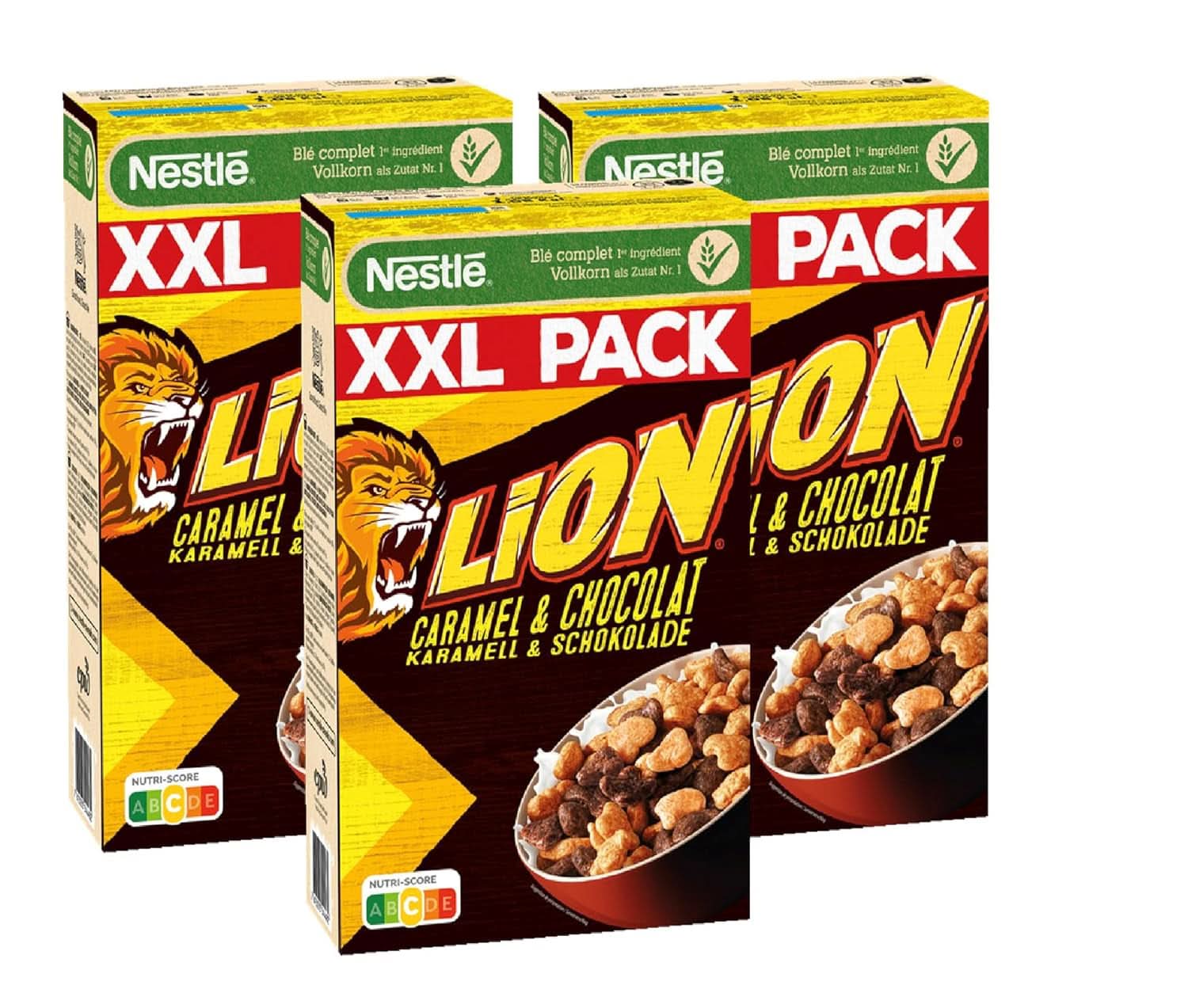 Müsli NESTLE LION, Schokoladenmüsli mit Karamell und 41 % Vollkornmehl, Set 3 x 1 kg Cereal Naty Shop