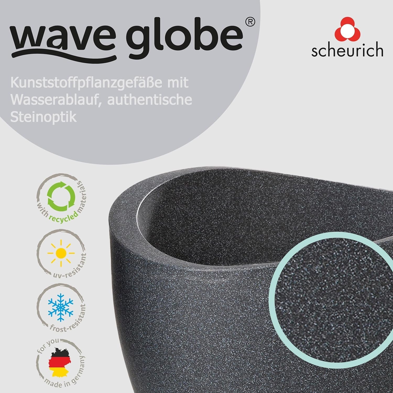 Ghiveci Scheurich Wave Globe, din plastic, granit negru, diametru 30 cm, înălțime 22 cm, volum 19 l.