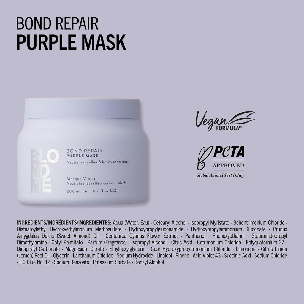 Schwarzkopf Professional BLONDME Bond Repair Purple Mask Mască pentru păr rece Neutralizează tonurile galbene pentru părul vopsit, albit și deschis Condiționare profundă și întărire 200 ml Masca de par Naty Shop