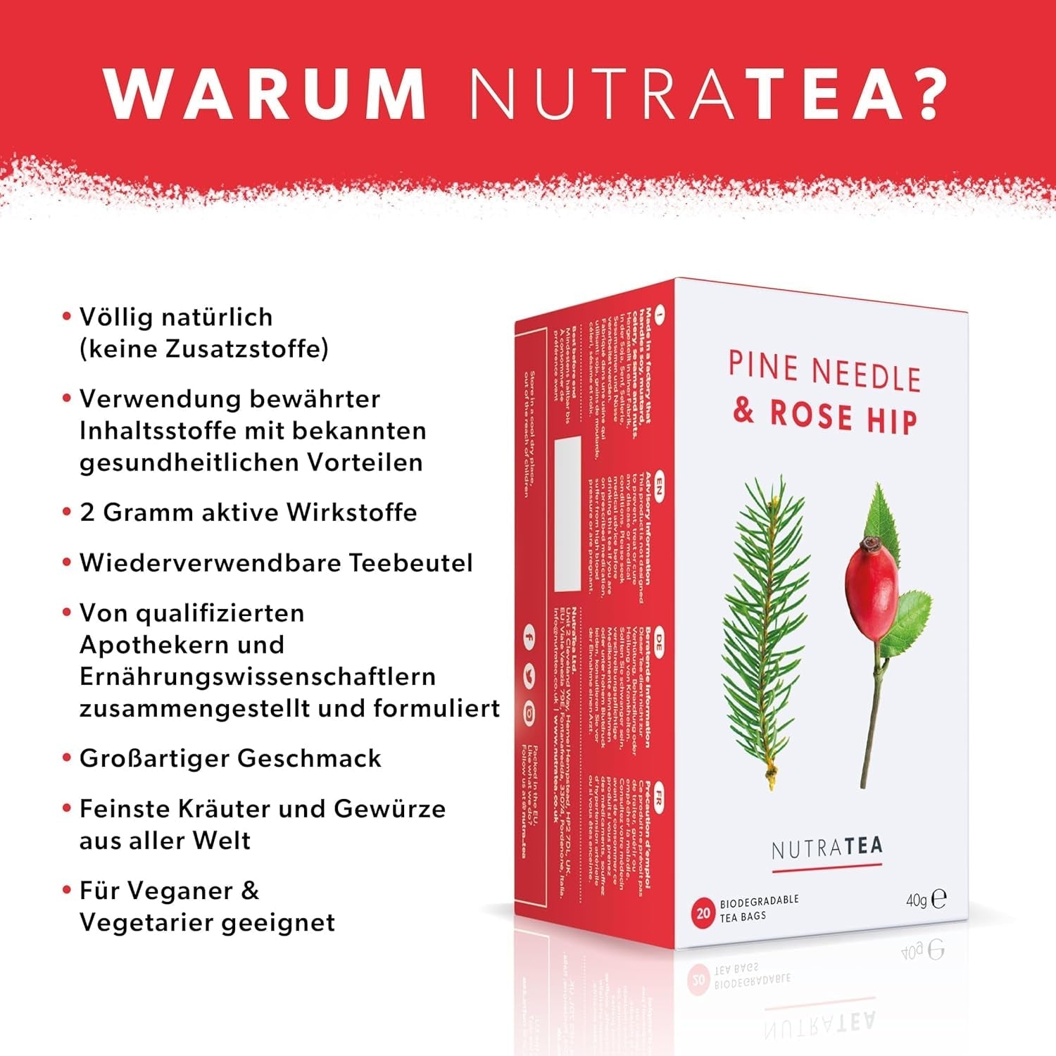 Nutra Tea Măceșe &amp; Ace de pin, ceaiul din ace de pin contribuie la întărirea sistemului imunitar natural al organismului, la menținerea funcției rinichilor și vezicii urinare, 20 pliculețe de ceai reutilizabile, ceai din măceșe