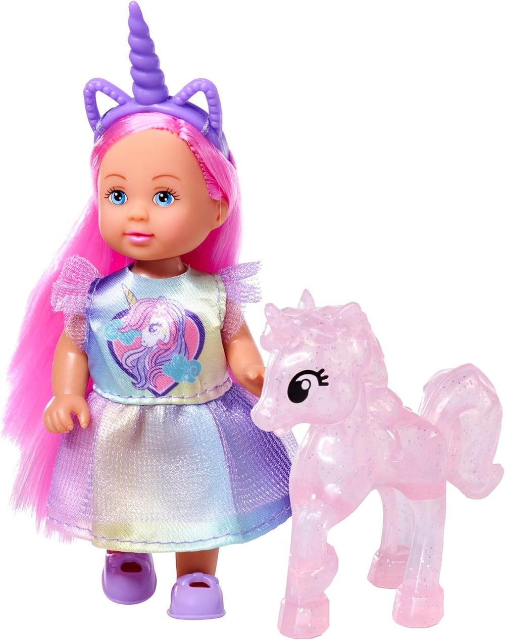 Simba Evi Love Unicorn, o păpușă de joacă care poartă o rochie drăguță de unicorn cu o bentiță asortată, inclusiv un unicorn cu grajd, mere și o sticlă de băut, 12 cm, vârste 3+