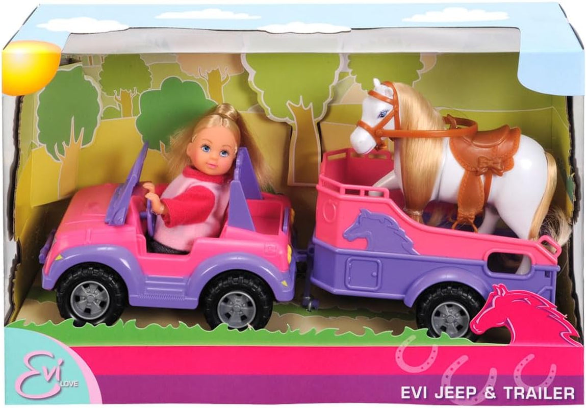 Simba 105737460 - Evi Love Evi Horse Trailer, cu jeep roz, pandantiv violet pentru cal și ponei, păpușă de îmbrăcat, 12 cm, pentru copii de la 3 ani în sus Papusi Naty Shop Titlu implicit