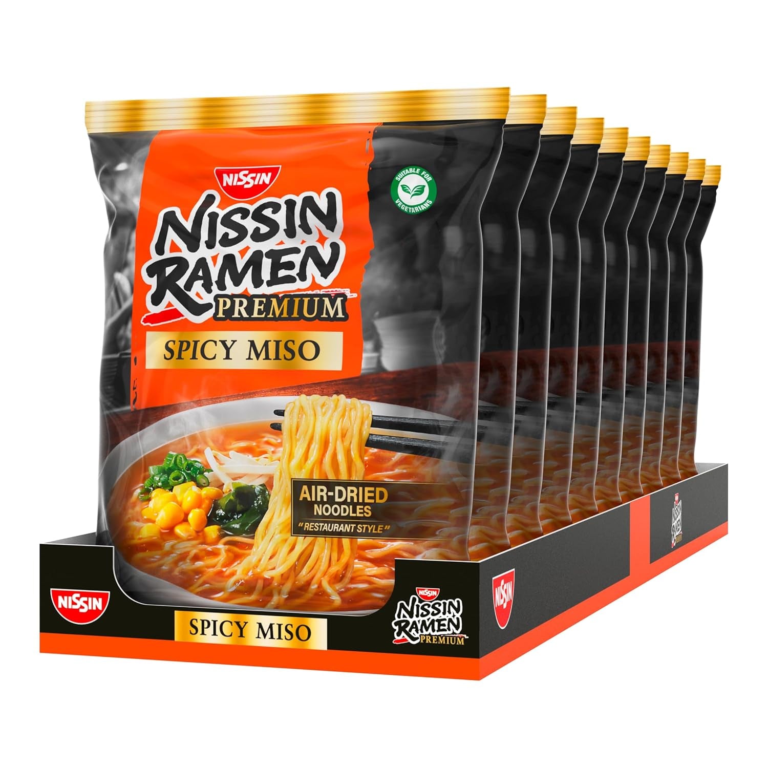 Nissin Ramen Premium – Miso Spicy 10er-Pack luftgetrocknete Instant-Nudeln nach japanischer Art für Ramen im „Restaurant-Stil“ mit einem leicht würzigen Geschmack von Miso und Wakame-Flocken (10 x 90,7 g)