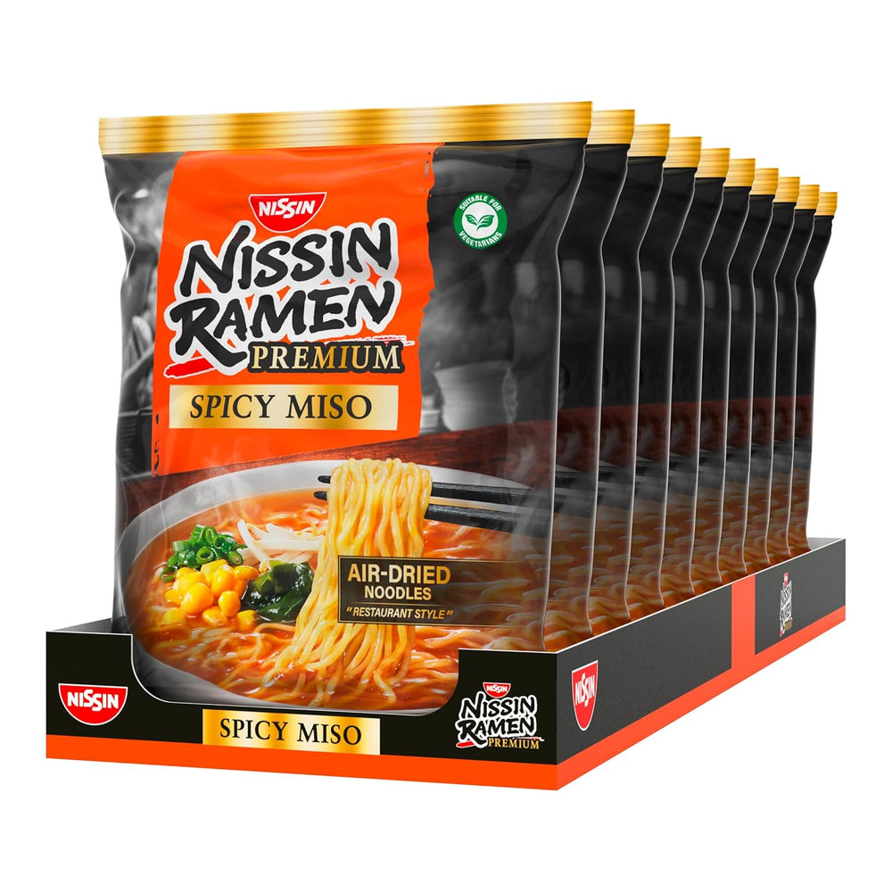 Nissin Ramen Premium – Miso Spicy 10er-Pack luftgetrocknete Instant-Nudeln nach japanischer Art für Ramen im „Restaurant-Stil“ mit einem leicht würzigen Geschmack von Miso und Wakame-Flocken (10 x 90,7 g)