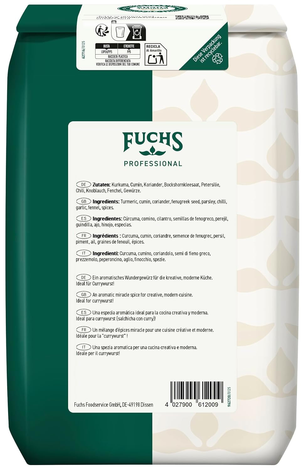 Fuchs Professional - Curry nach englischer Art „Goldelephant“ | Zum Würzen von Suppen, Saucen und Reisgerichten | Profi-Qualität für Großverbraucher und Gastronomie | 1 kg im recycelbaren Beutel