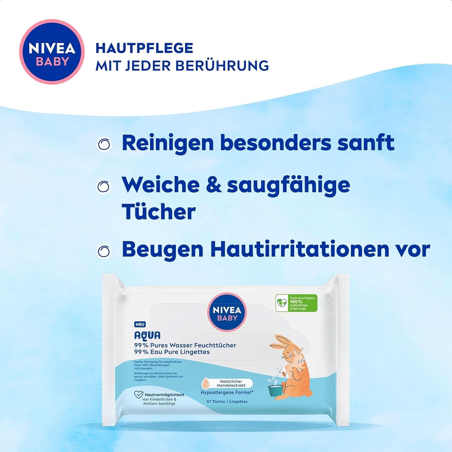NIVEA Baby AQUA Feuchttücher, Baby Feuchttücher Zur Sanften Reinigung Empfindlicher Haut, Hypoallergene Und Parfümfreie Feuchttücher Für Babys Mit 99% Wasser (1 X 57 Stück) Baby Wet Wipes Naty Shop