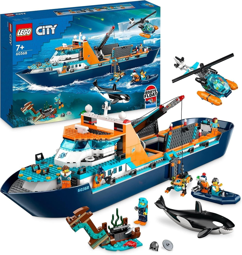 LEGO City Arktisches Forschungsschiff, großes schwimmendes Spielzeugboot mit Hubschrauber, Schlauchboot, Rov-U-Boot, Wikingerwrack, 7 Minifiguren und Orca-Figur, Geschenk für Kinder ab 7 Jahren 60368 Bausets Besuchen Sie den LEGO-Store Single