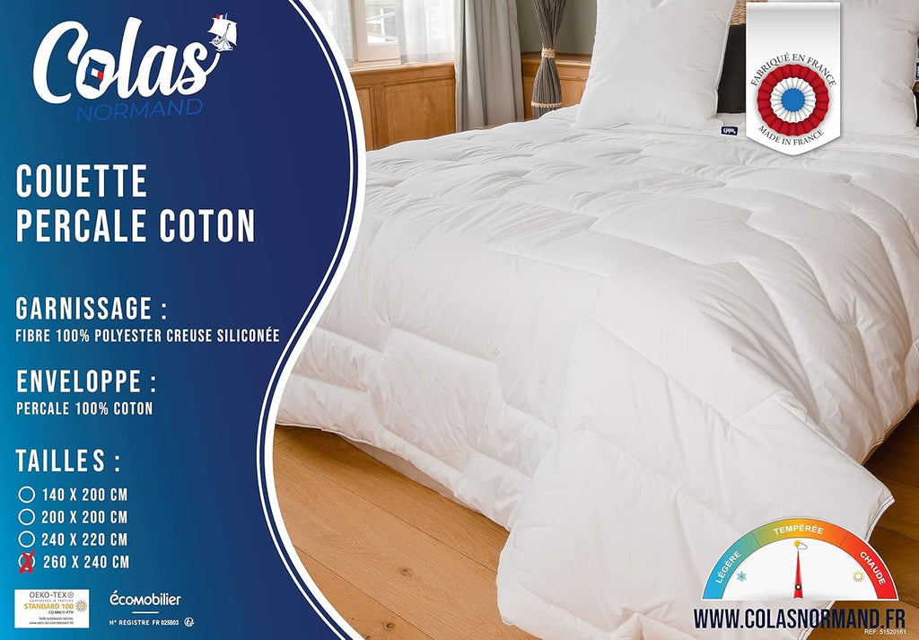 COLAS NORMAND Plapumă din bumbac Percale, 260 X 240 cm, de înaltă calitate, 100% bumbac Percale, moale și confortabil, durabil, finisaj fin, fabricat în Franța, alb Plapumi si pilote Naty Shop