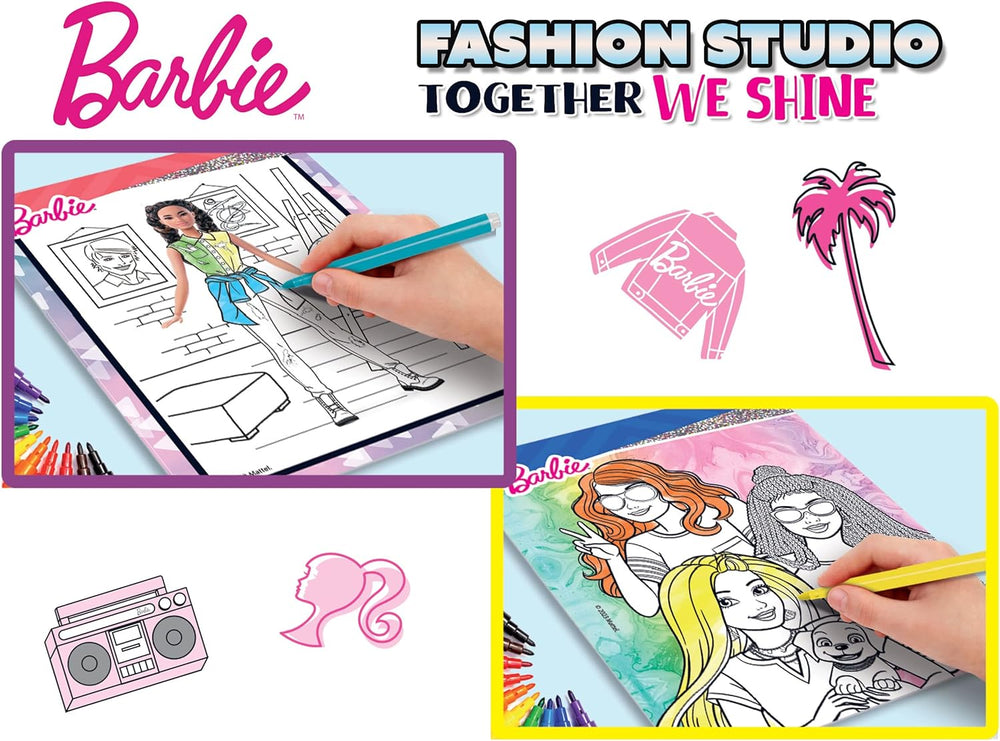 Lisciani – BARBIE – Skizzenbuch Set Wir Glänzen – Modestudio – Models zum Anziehen – Kreatives Spiel – Supermodische Kleidung – Farbmarker – Für Mädchen ab 4 Jahren