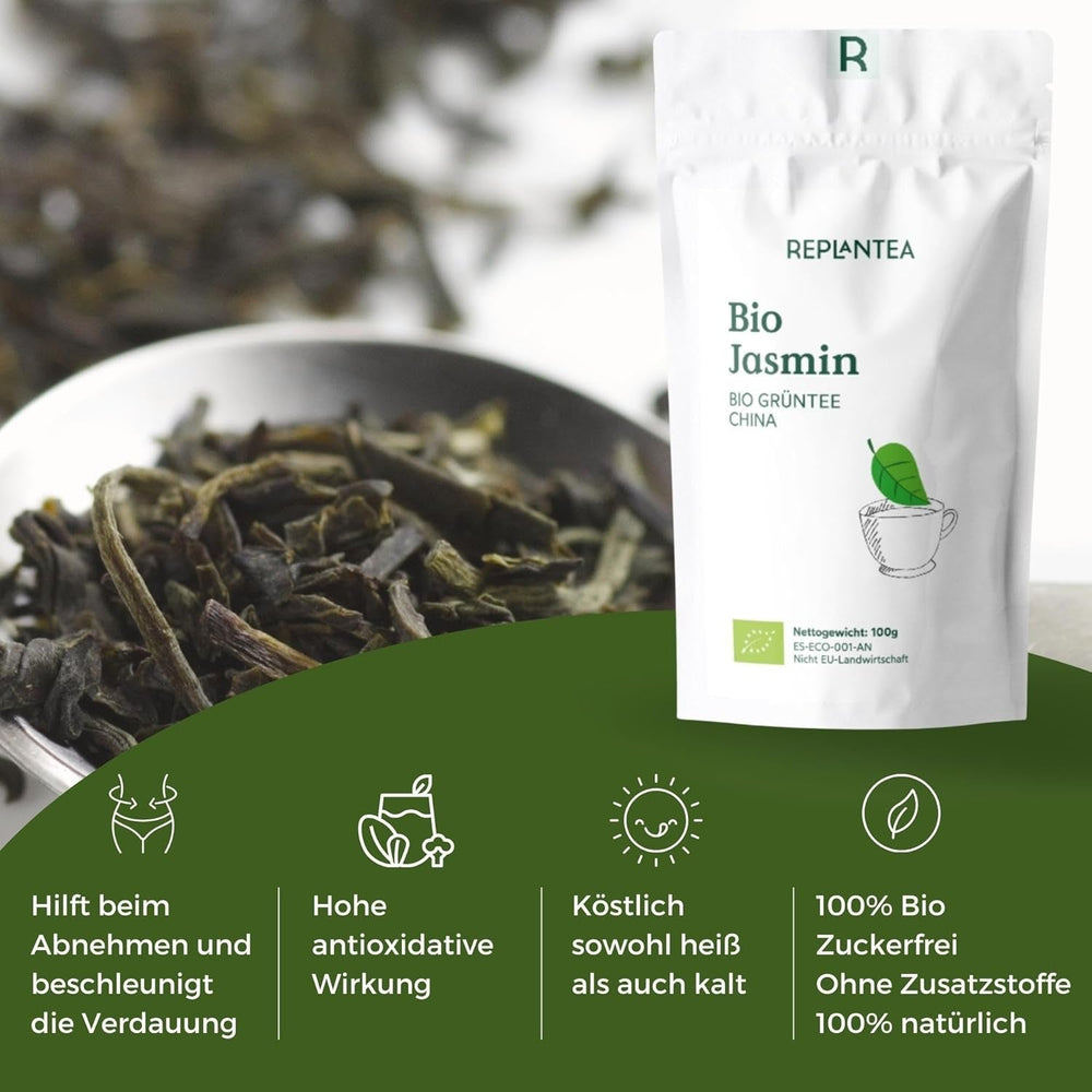 Ceai verde organic cu iasomie 100 g (50 cești) | Ceai de iasomie din China vrac, de calitate organică REPLANTEA