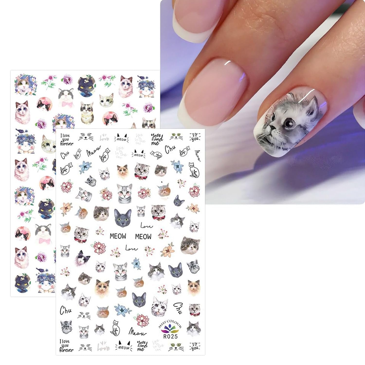 JMEOWIO Nagelsticker Tierische 8 Blatt Nail Art Sticker Selbstklebend Nagelaufkleber Katze Niedlich Dekoration Nageldesign Zubehör