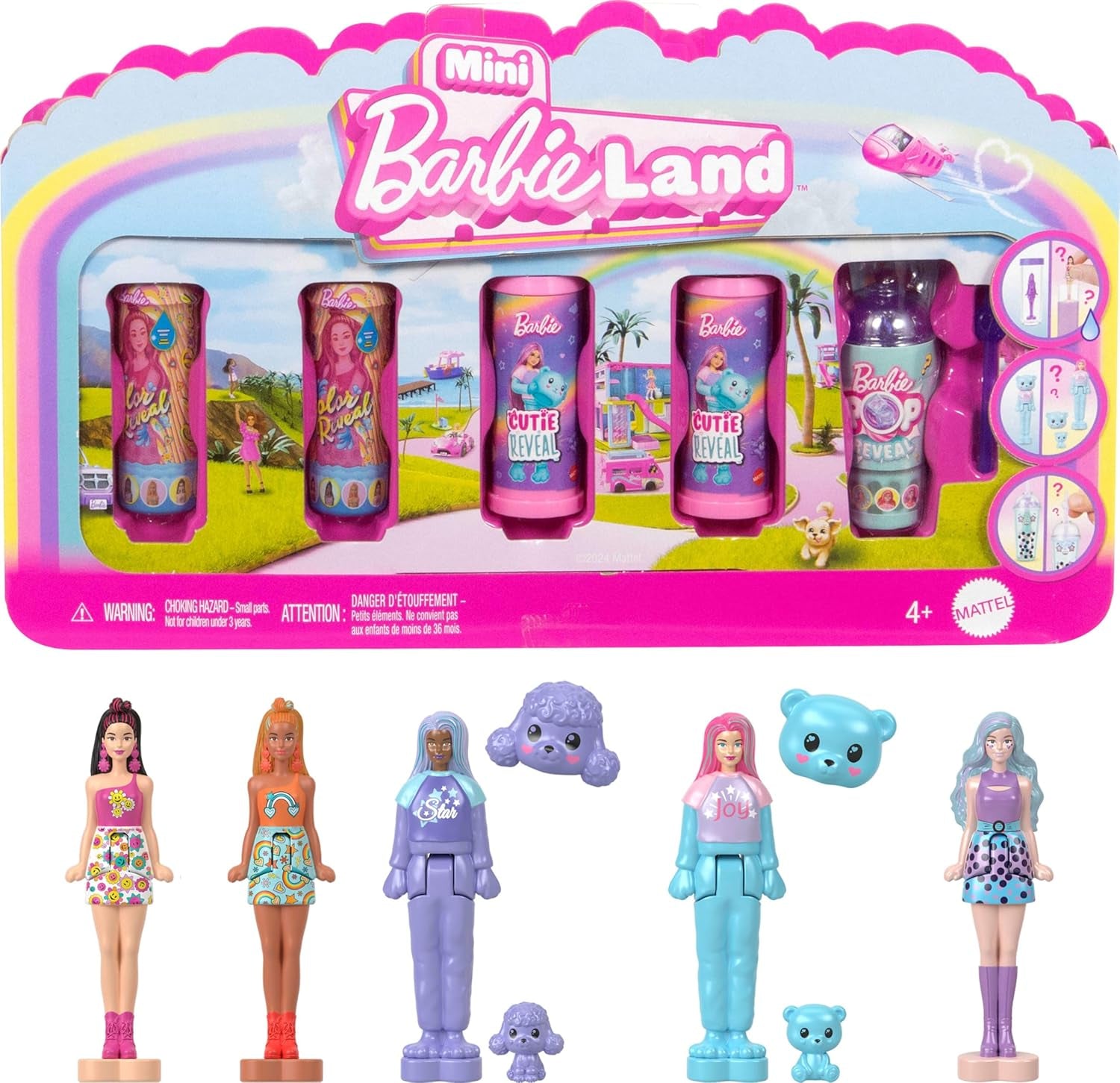 Barbie Mini Barbieland Set mit 5 Fashionistas-Puppen, ca. 3,8 cm große Mini-Puppen in Lippenstifthüllen, Überraschungskollektionsset (Stile können variieren), JBD26 Naty Shop-Puppen, 4er-Pack