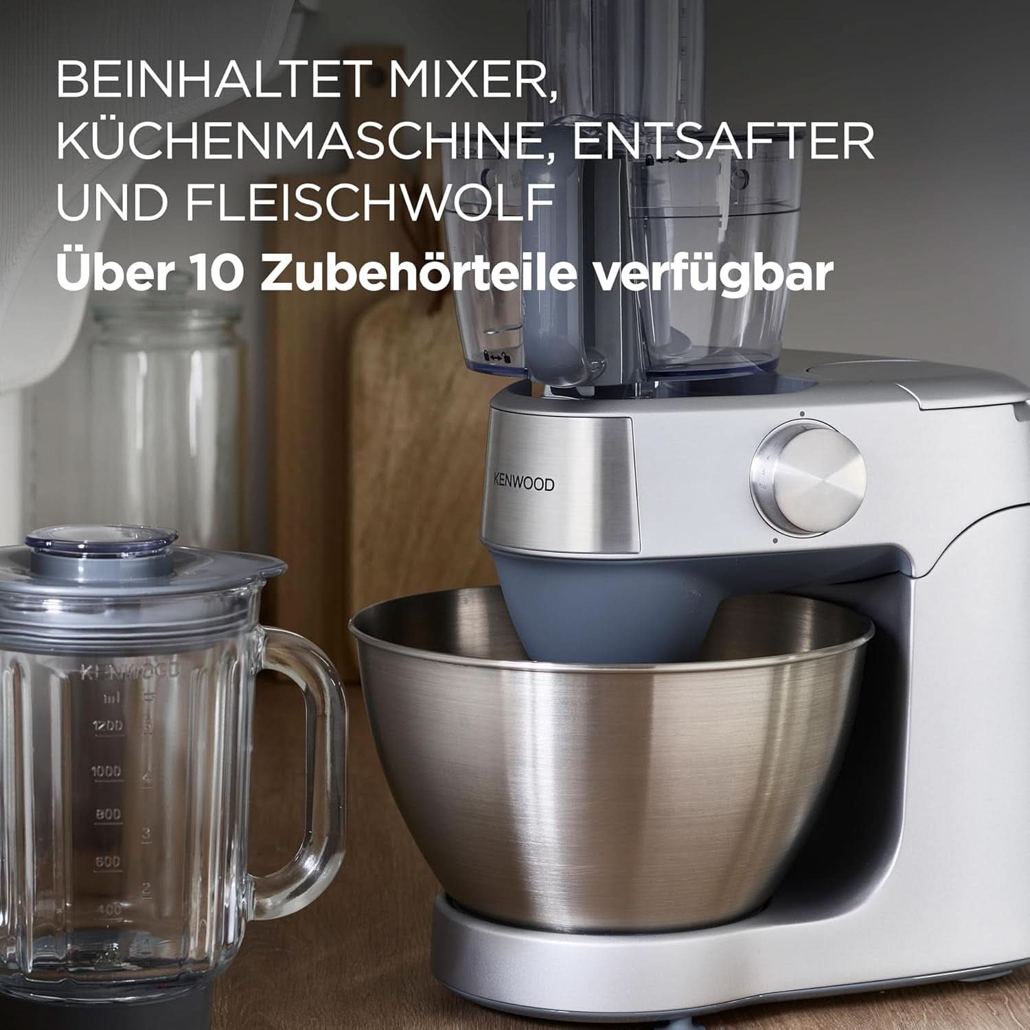 Kenwood Prospero+ KHC29A.R0SI Küchenmaschine, 4.3 L Edelstahlschüssel, Inkl. 10-teiliges Zubehör-Set mit Fleischwolf, Glas-Mixer, Zitruspresse, Entsafter und mehr, inkl. Easyweigh Waage, 1000W, Silber Mutter und Kind Naty Shop