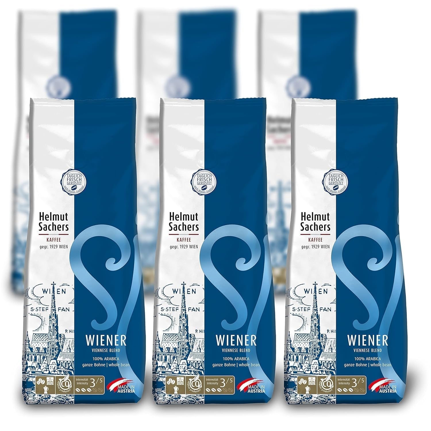 Helmut Sachers Kaffee – Wiener Mischung, Stärke 3/5, 100 % Arabica, ganze Kaffeebohnen, 6 x 500 g Naty Shop Standardtitel