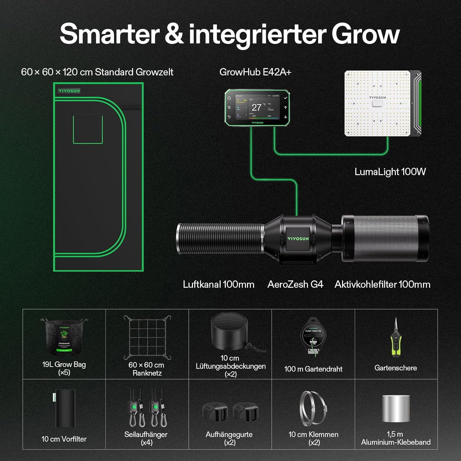 VIVOSUN Smart Grow Tent Komplettset 60 x 60 x 120 cm, integriertes automatisches WLAN-Wachstumssystem mit 100 W Vollspektrum-LED-Licht und effizientem Belüftungssystem mit GrowHub E42A+-Controller
