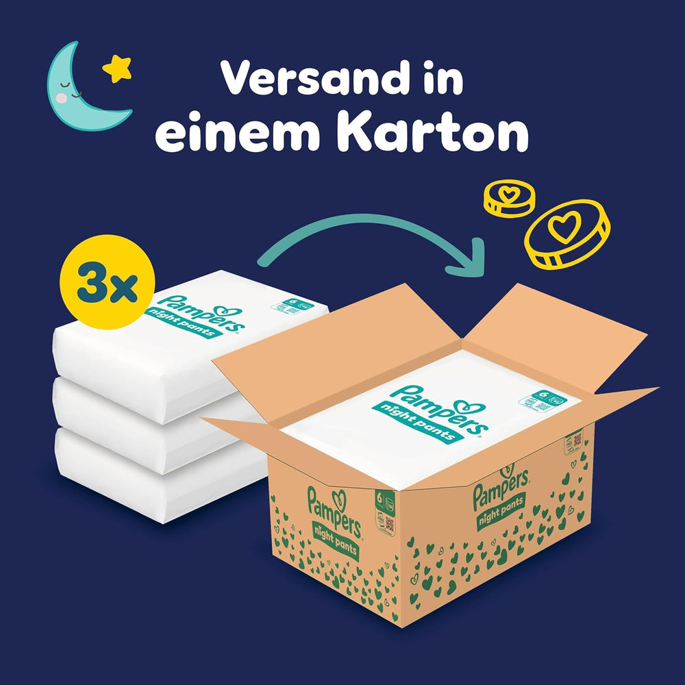 Pampers Night Pants Windeln der Größe 6, 138 Stück, 13 kg–19 kg, bieten zusätzlichen Schutz für die ganze Nacht.