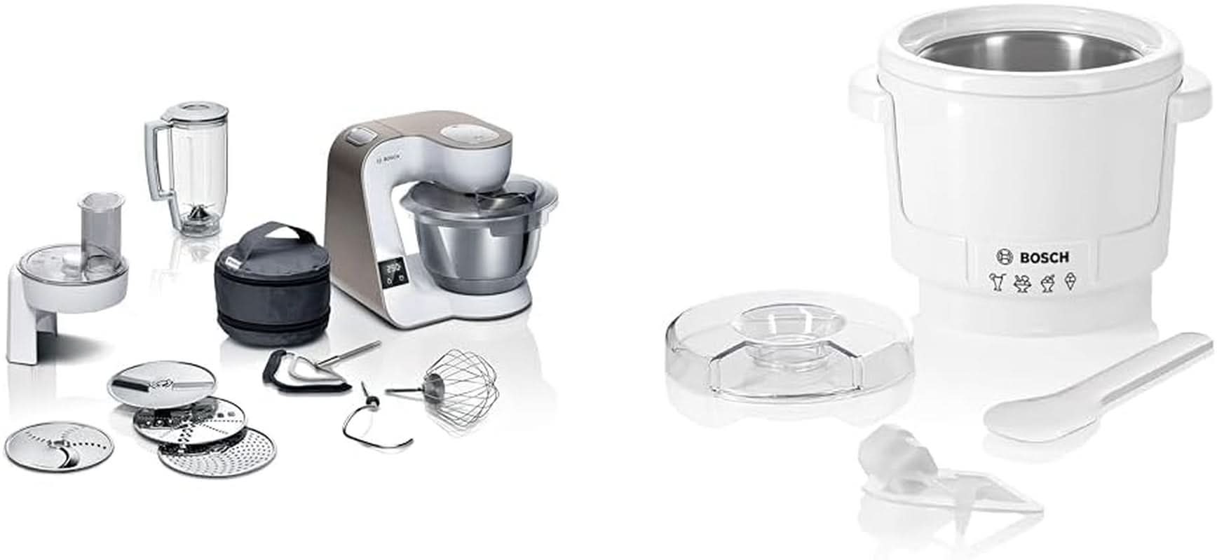 Bosch Serie 4 MUM5X720 Küchenmaschine, integrierte Waage, Edelstahlschüssel 3,9 l, Mixer 1,25 l, 1000 W Zubehör Essen und Stillen Bebe Naty Shop Paket mit Eismaschine White Champagne 2 Zubehörteile