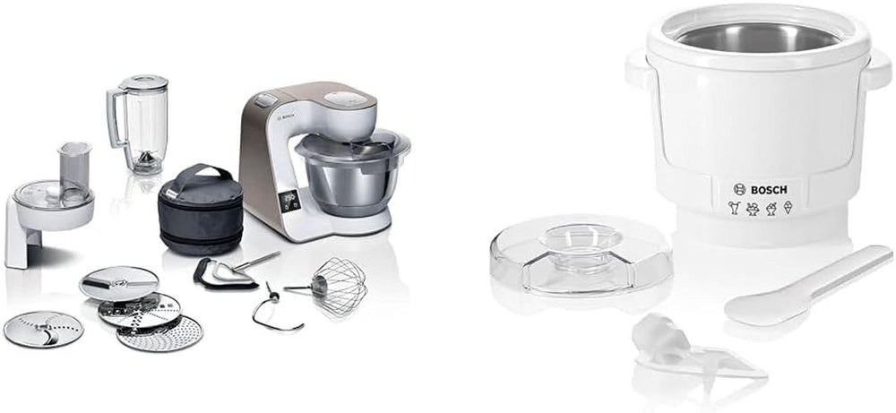 Bosch Serie 4 MUM5X720 Küchenmaschine, integrierte Waage, Edelstahlschüssel 3,9 l, Mixer 1,25 l, 1000 W Zubehör Essen und Stillen Bebe Naty Shop Paket mit Eismaschine White Champagne 2 Zubehörteile