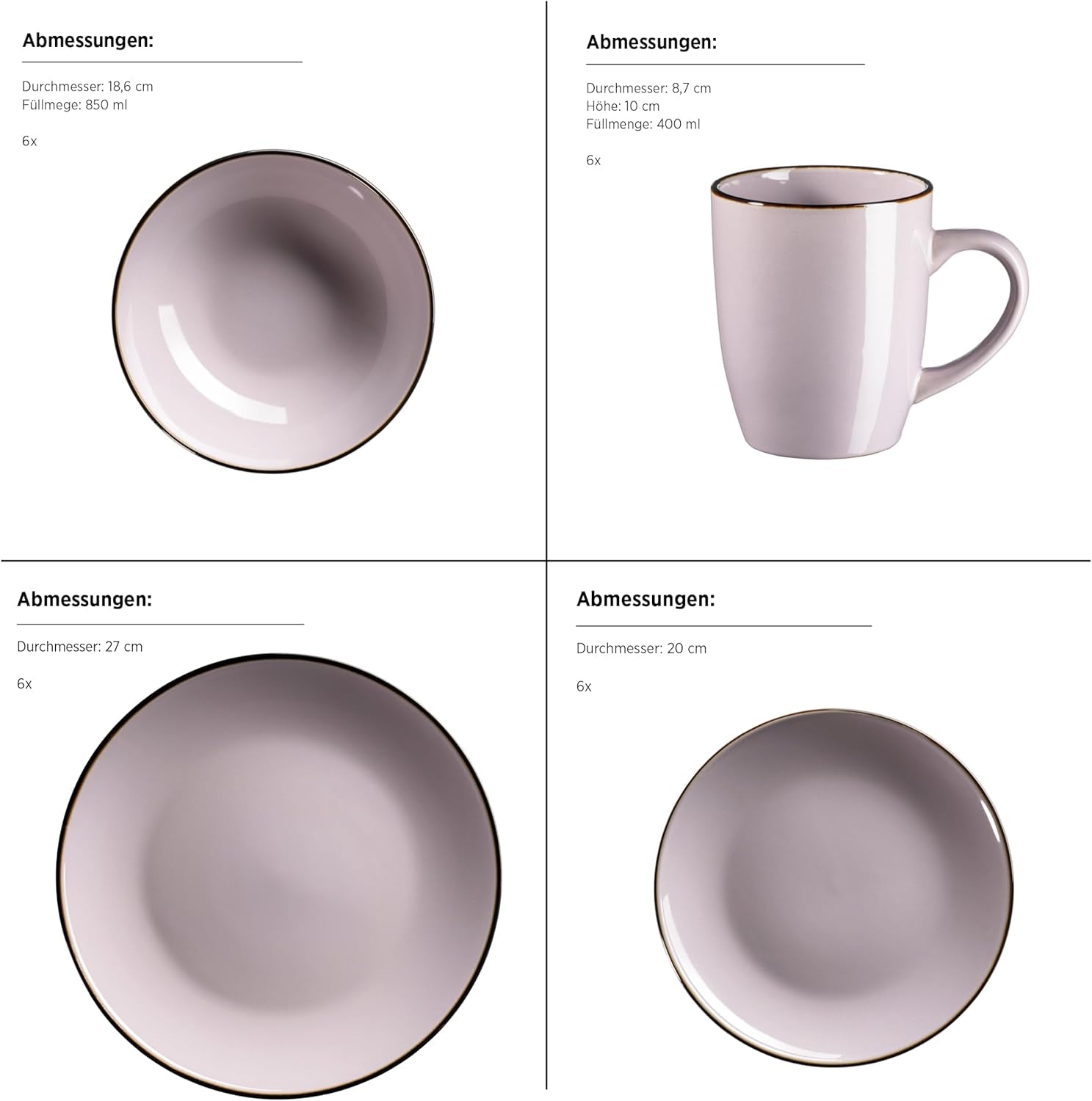 Set de veselă modern pentru 6 persoane cu margine de culoarea alamei, serviciu combinat format din 24 de piese cu forme de cupe fără ramă, lavandă