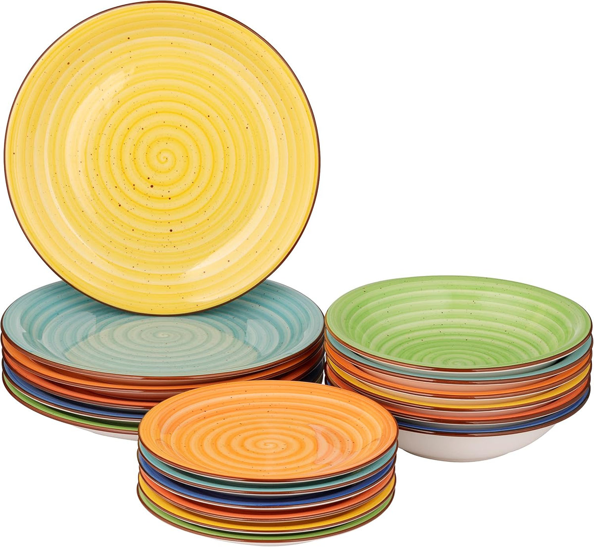 Set de veselă din porțelan și gresie, format din 18 piese, serviciu de masă pentru 6 persoane, blaturi colorate, modele multicolore