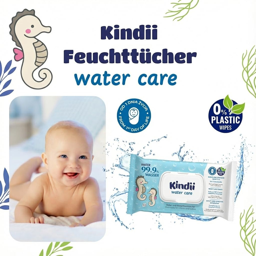 Kindii Water Care Feuchttücher – Aqua Baby Wipes – 100 % Viskose, 99,9 % Wasser, Grapefruit-Extrakt, Schalgröße 150 x 200, 100 % biologisch abbaubar, plastikfrei, Reinigungstücher für empfindliche Haut