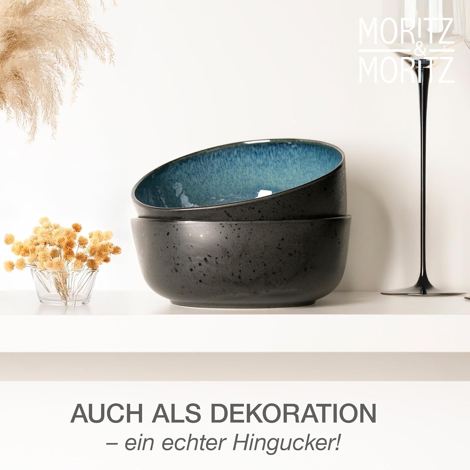 Set de boluri de servire Moritz & Moritz ORGANIC, albastru - 2 boluri mari din gresie de înaltă calitate, moderne și atemporale, potrivite pentru cuptorul cu microunde și mașina de spălat vase - perfecte pentru salate, paste, gustări și multe altele