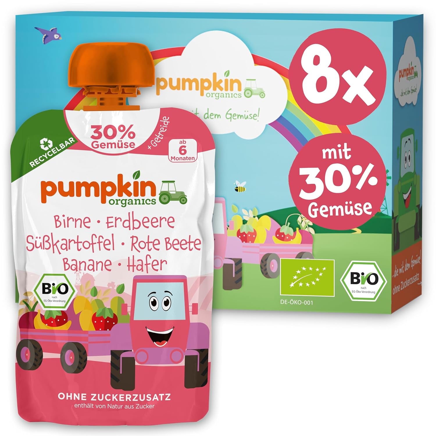 Pumpkin Organics Beutel mit Bio-Gemüse und Getreide, 8er-Pack: Birne, Erdbeeren, Süßkartoffeln, Rote Bete, Banane, Hafer – Ohne Zuckerzusatz¹ – Ab 6 Monaten – als Snack oder Ergänzungsnahrung in der Packung (8 x 100 g)