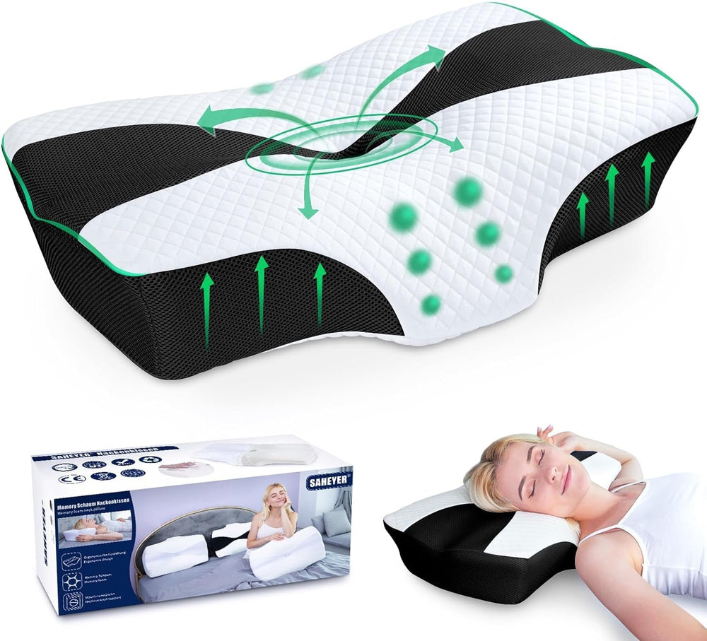 SAHEYER pernă ortopedică pernă de susținere a gâtului pernă pentru cap, pernă ergonomică pentru gât pernă pentru dormit lateral 60 X 40 X 13/11 cm pernă din spumă cu memorie pentru dormit lateral, spate și stomac Perne ortopedice cervicale Naty Shop Negru
