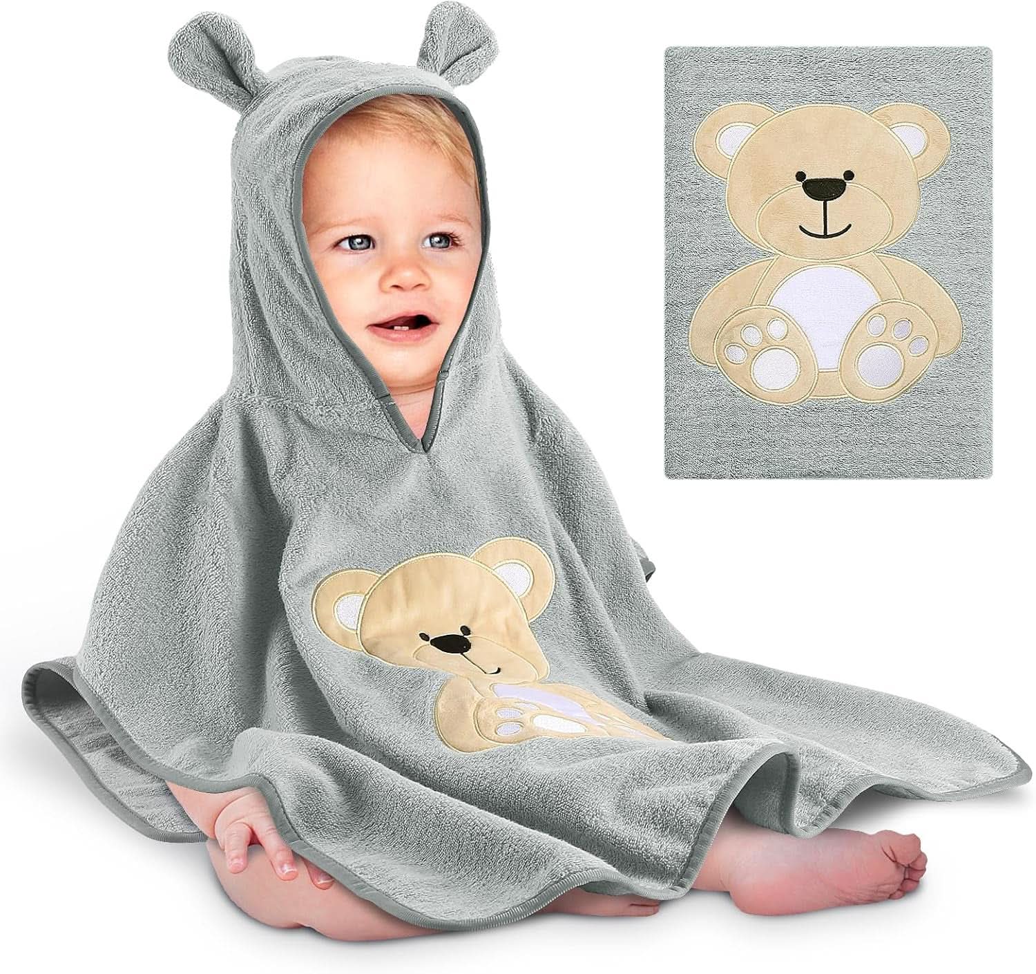 Oeko TEX Badeponcho für Kinder, 100 % Baumwolle Mutter und Kind Naty Shop Dunkelgrauer Bär