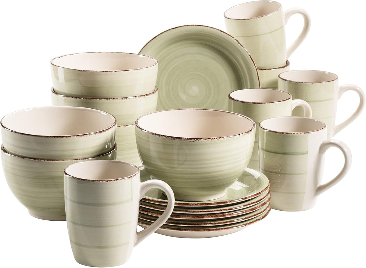 MÄSER 931490 Bel Tempo II Serviciu de mic dejun pentru 6 persoane în aspect vintage, ceramică pictată manual, set de veselă cu 18 piese, verde, gresie