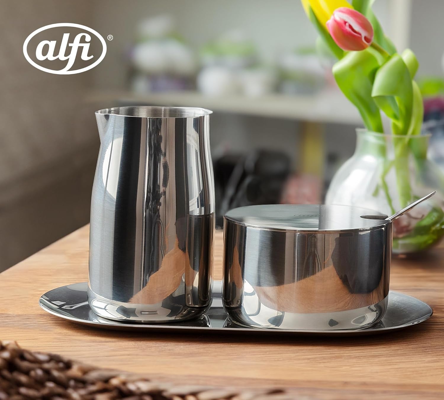 SET LAPTE ȘI ZAHĂR alfi, set lapte și zahăr din oțel inoxidabil lucios, de înaltă calitate, design elegant, lavabil în mașina de spălat vase, durabil
