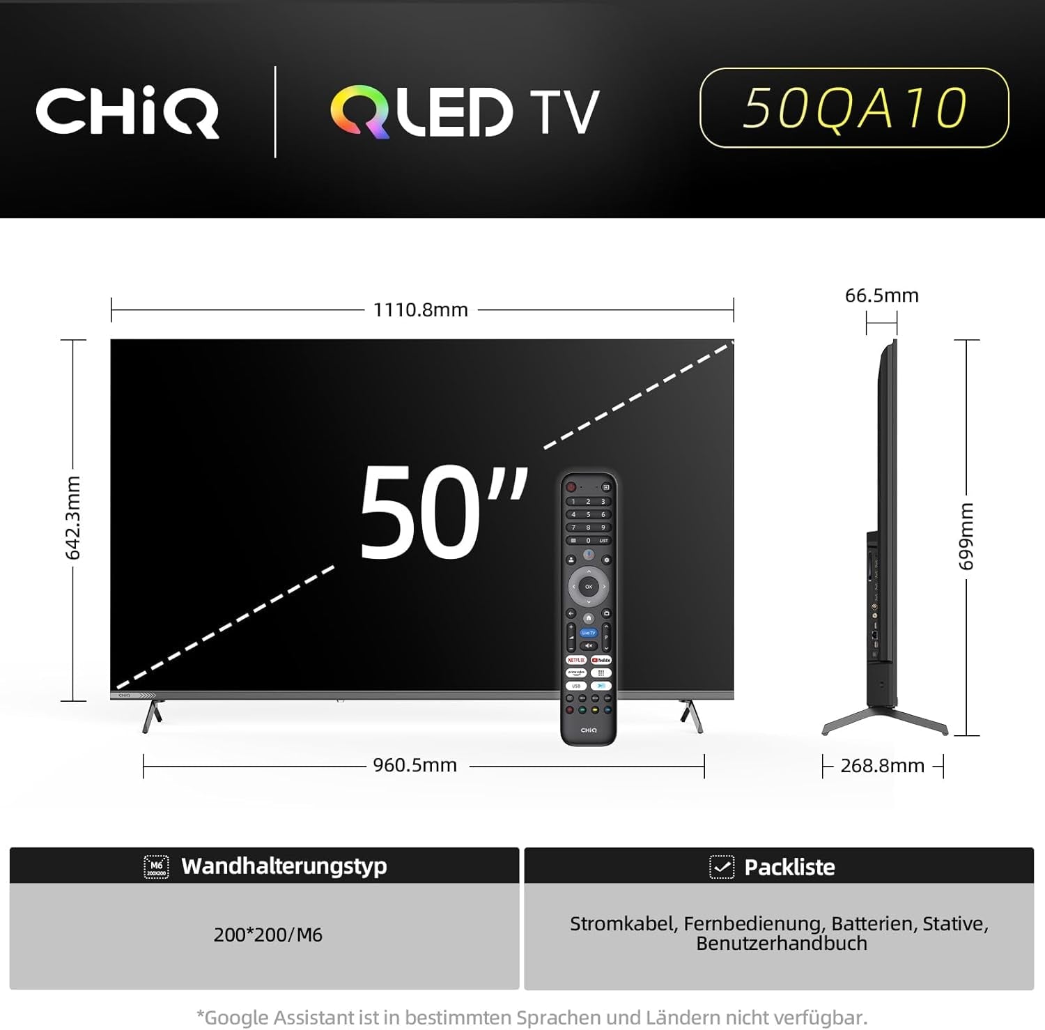 CHIQ 50QA10 Televizor inteligent QLED 4K UHD de 50 de inci cu Google, QLED Pro, DLG 120Hz, MEMC, VRR, ALLM, HDR10, Dolby Audio, 4x HDMI 2.1, gamă largă de culori, carcasă metalică fără ramă, Chromecast, Asistent Google