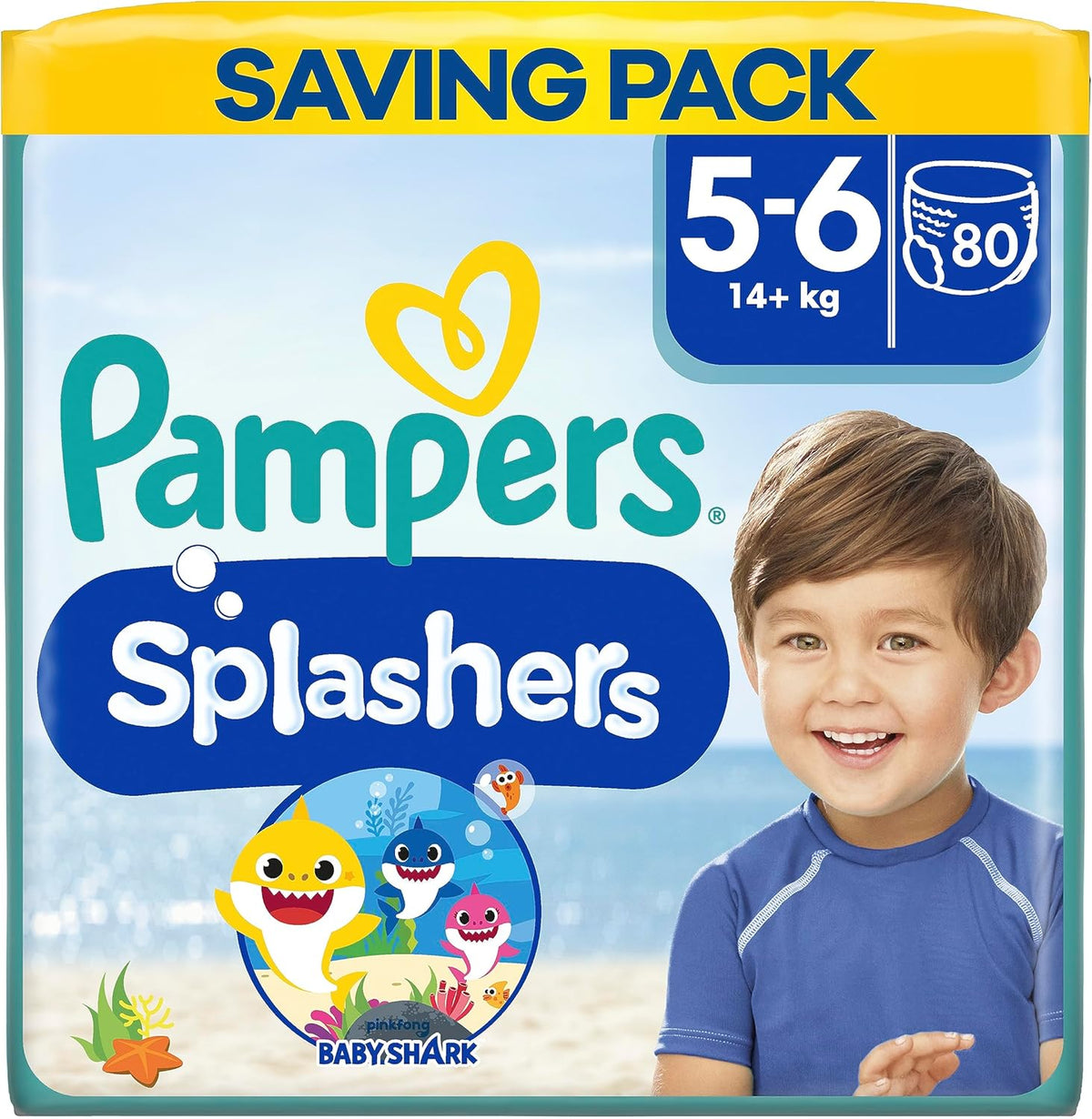 Pampers (alte Version), Splashers Einweg-Badeshorts – Größe 5/6 (14 kg+) – Box mit 8 Packungen mit 10 Stück