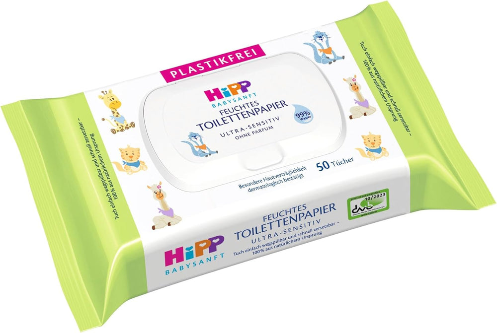 HiPP Baby Soft Wet Toilettenpapier (6 x 50 Blatt), 99 % Wasser, Ultra Sensitive, ohne Duftstoffe, mit Klappdeckel