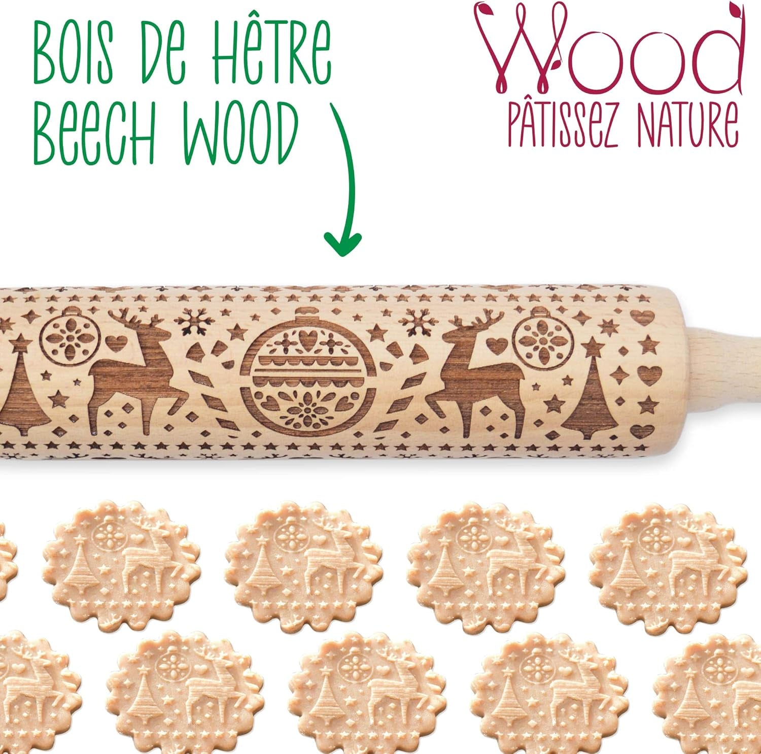 Scrap Cooking Teigrolle aus Holz „Xmas“ mit weihnachtlichen Motiven – Prägerolle mit gepfragten Verzierungen für Kekse – dekoratives Zubehör – 5242