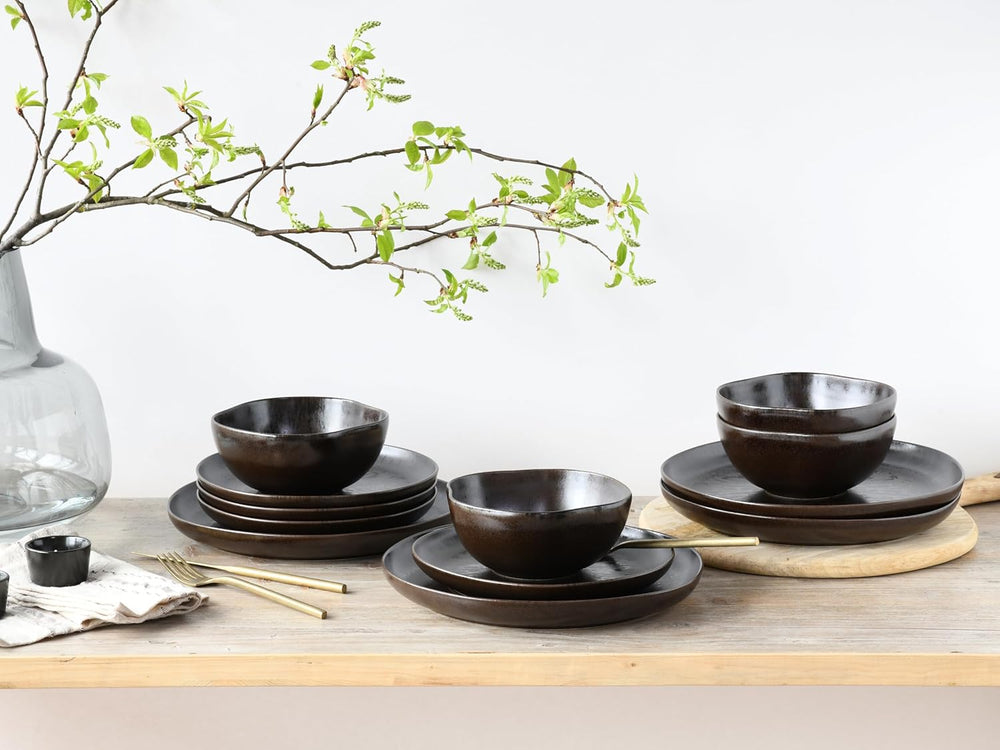 CreaTable, 21249, seria Natura Organic RUSTY, set de veselă cu 12 piese pentru 4 persoane, set de farfurii din gresie, potrivit pentru mașina de spălat vase și cuptorul cu microunde, fabricat în Europa